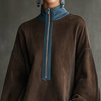 Women's Autumn And Winter Western Retro Suede Fabric Loose Casual Stand Collar Zipper Decoration Dress - Eliza-Warszawa
