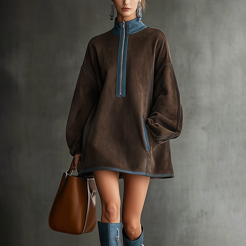 Women's Autumn And Winter Western Retro Suede Fabric Loose Casual Stand Collar Zipper Decoration Dress - Eliza-Warszawa