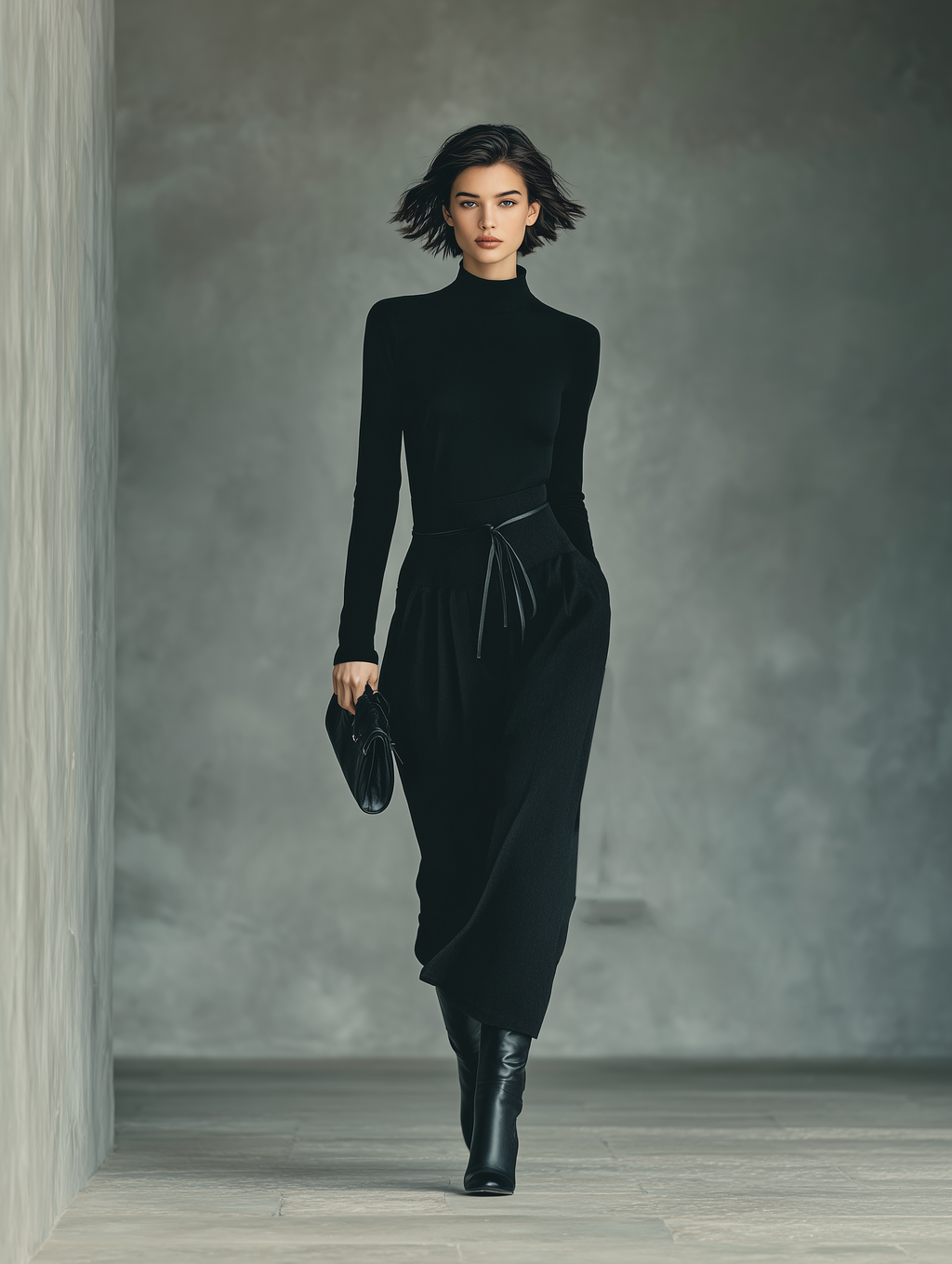 Women's Black High-Stretch Knit Top And Cotton-Blended Skirt Set