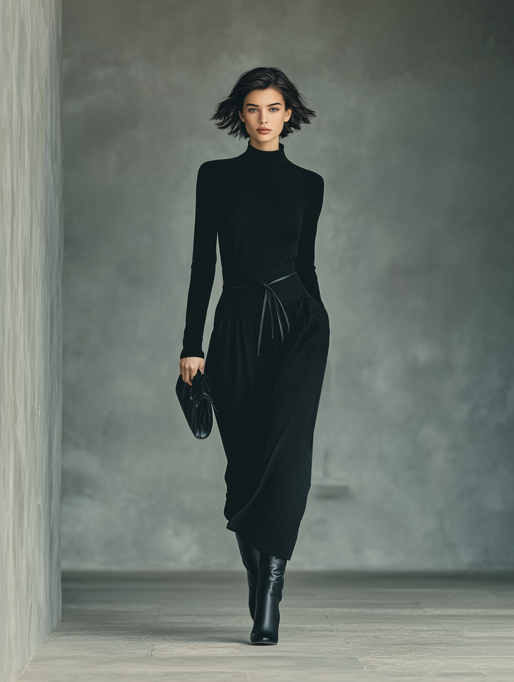 Women's Black High-Stretch Knit Top And Cotton-Blended Skirt Set