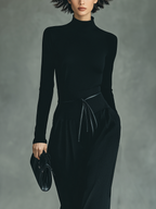 Women's Black High-Stretch Knit Top And Cotton-Blended Skirt Set