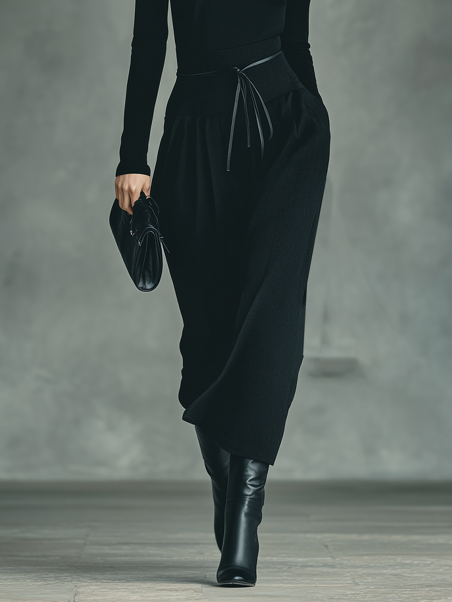 Women's Black High-Stretch Knit Top And Cotton-Blended Skirt Set