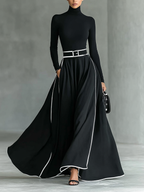 Women's Black Stitching White Trim High Collar Long Sleeve Tight Belt Maxi Dress - Eliza-Warszawa