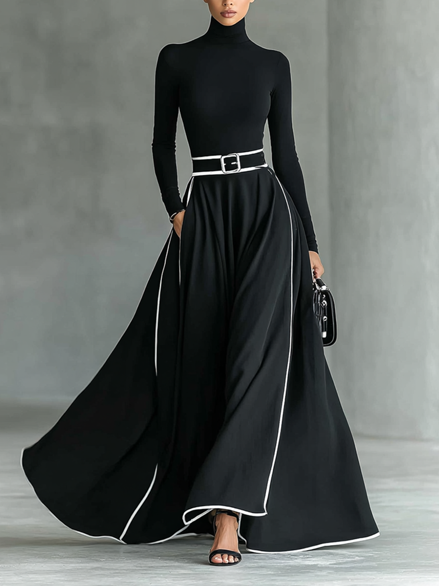 Women's Black Stitching White Trim High Collar Long Sleeve Tight Belt Maxi Dress - Eliza-Warszawa