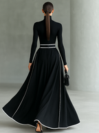 Women's Black Stitching White Trim High Collar Long Sleeve Tight Belt Maxi Dress - Eliza-Warszawa
