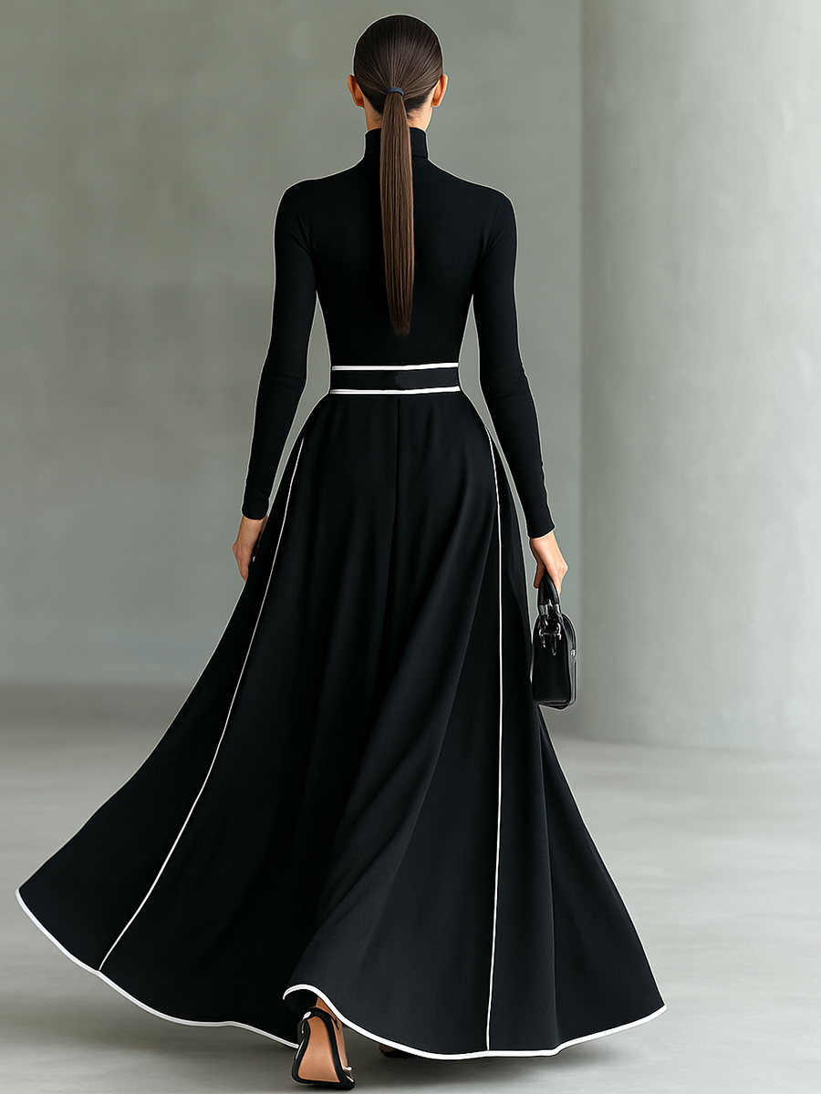 Women's Black Stitching White Trim High Collar Long Sleeve Tight Belt Maxi Dress - Eliza-Warszawa