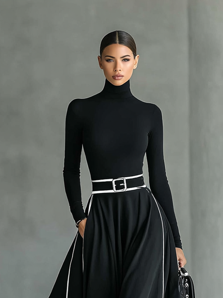 Women's Black Stitching White Trim High Collar Long Sleeve Tight Belt Maxi Dress - Eliza-Warszawa