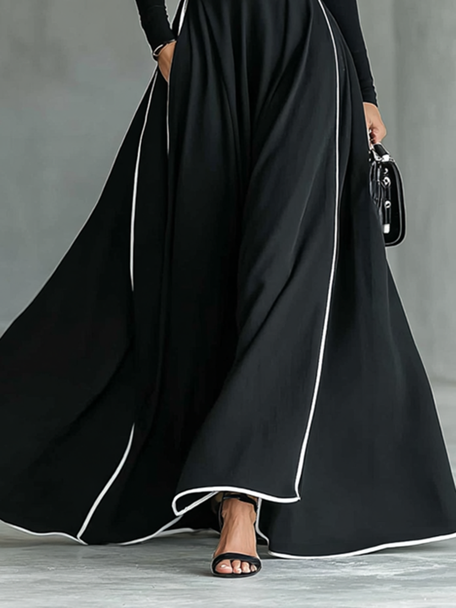 Women's Black Stitching White Trim High Collar Long Sleeve Tight Belt Maxi Dress - Eliza-Warszawa