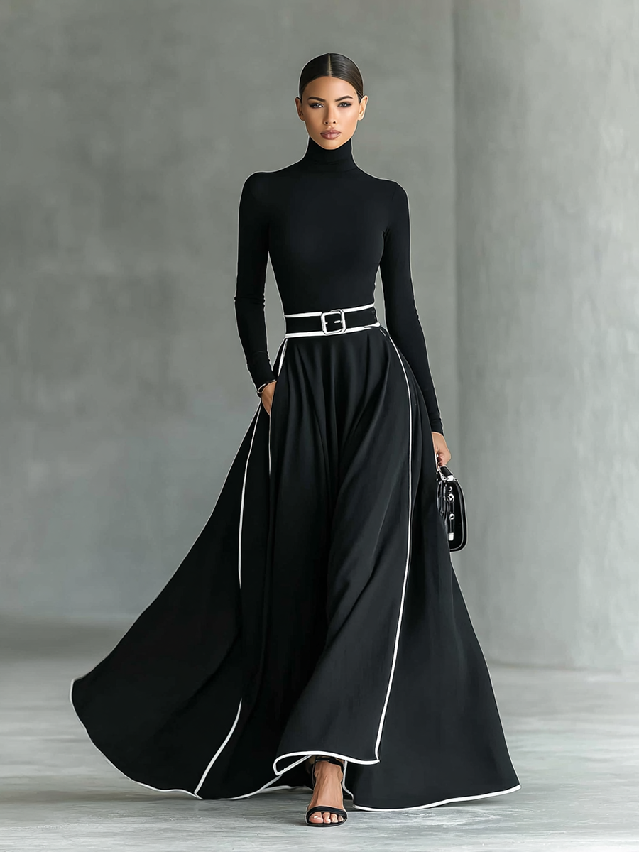 Women's Black Stitching White Trim High Collar Long Sleeve Tight Belt Maxi Dress - Eliza-Warszawa