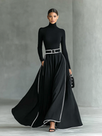 Women's Black Stitching White Trim High Collar Long Sleeve Tight Belt Maxi Dress - Eliza-Warszawa