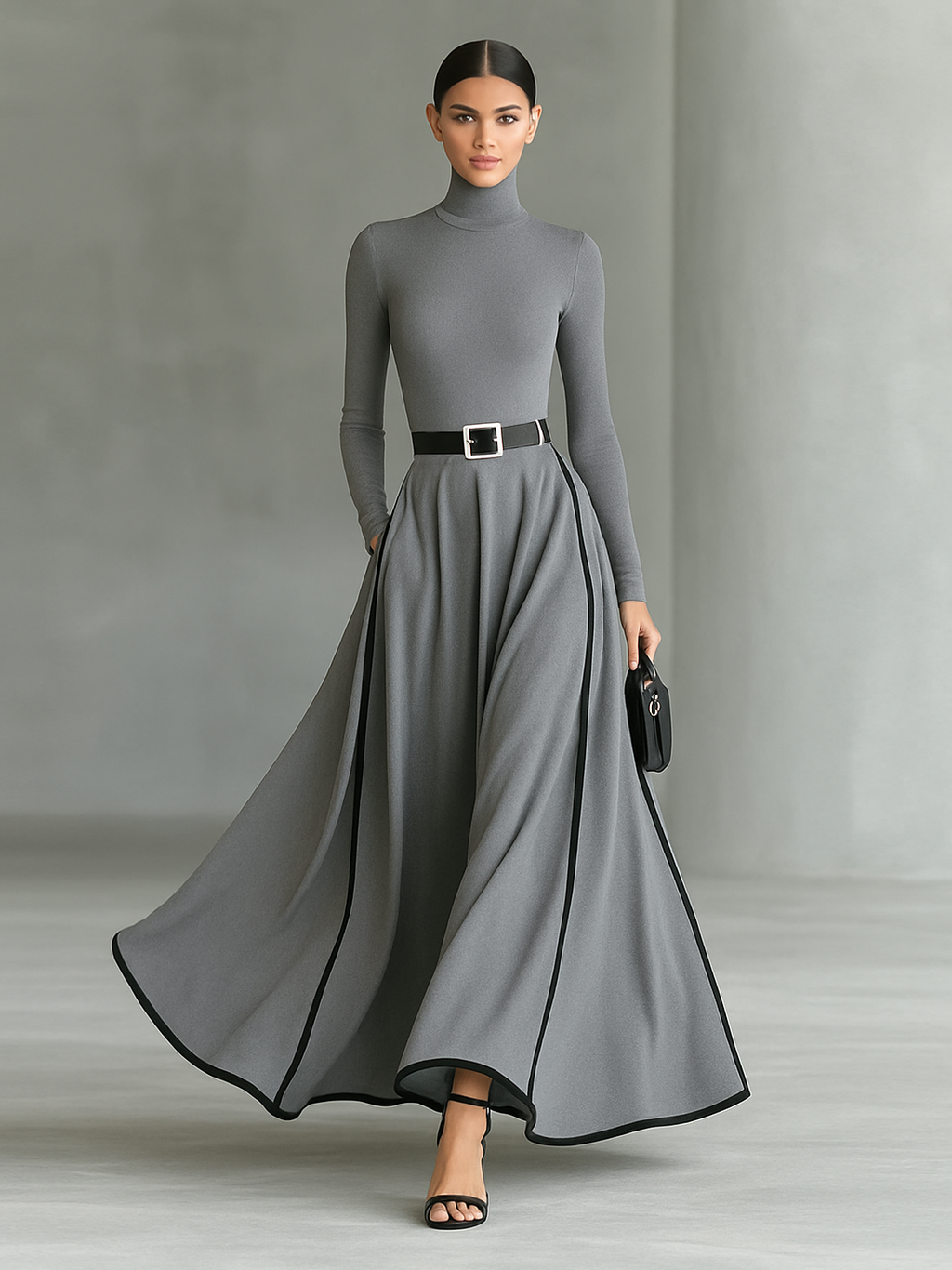 Women's Black Stitching White Trim High Collar Long Sleeve Tight Belt Maxi Dress - Eliza-Warszawa
