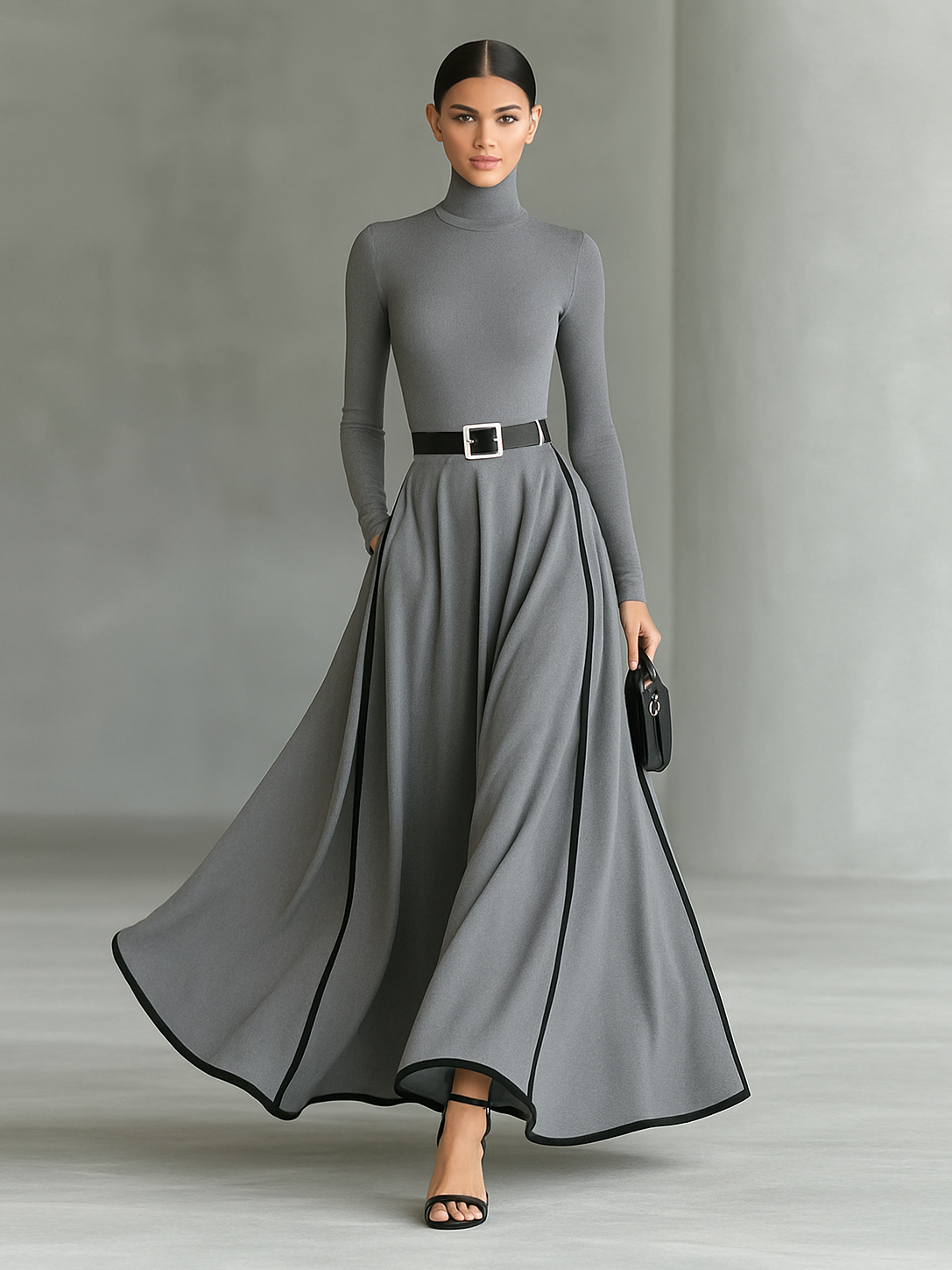 Women's Black Stitching White Trim High Collar Long Sleeve Tight Belt Maxi Dress - Eliza-Warszawa