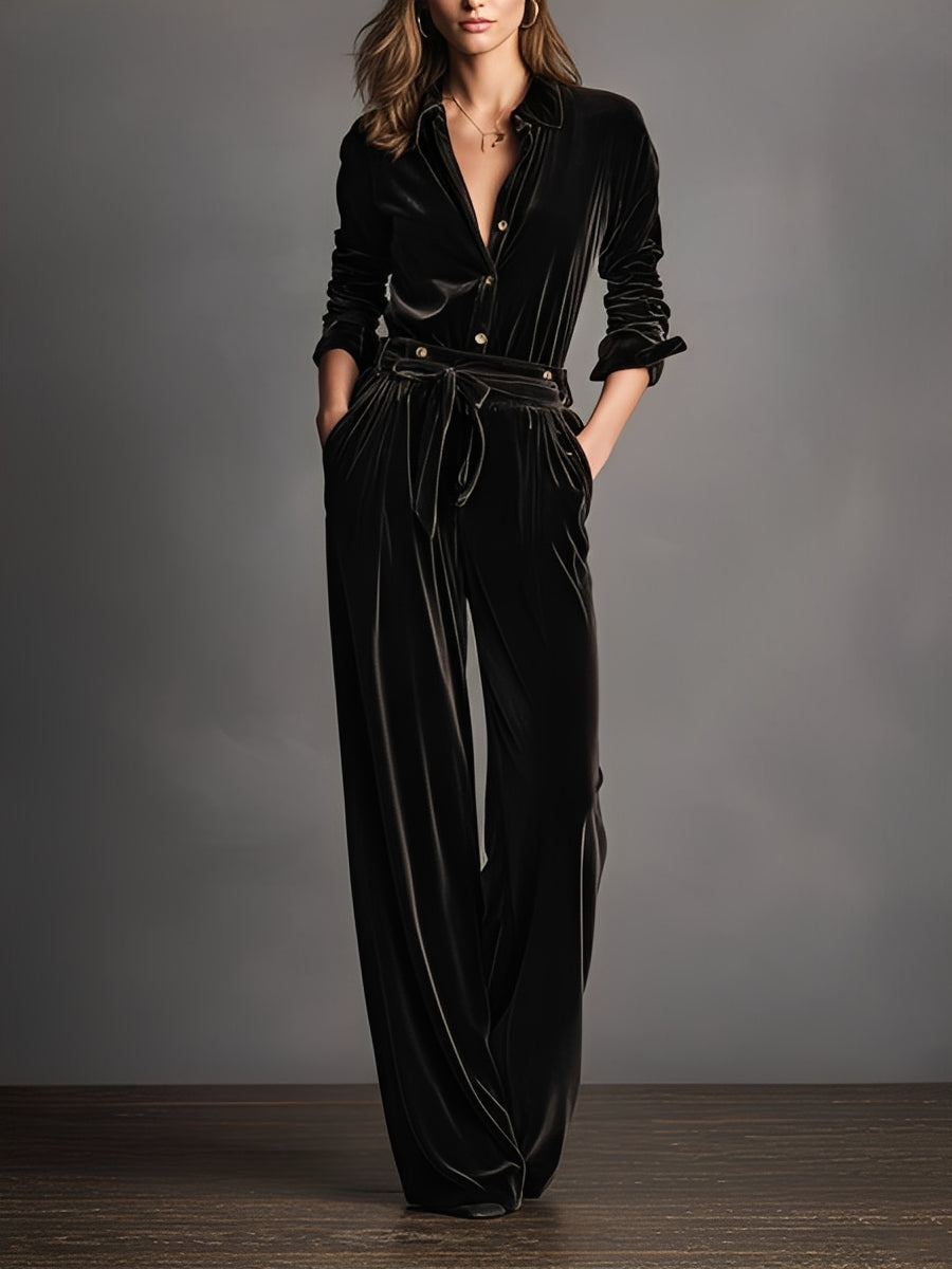 Women's Black Velvet Lace-up Elegant Gold Button Jumpsuit - Eliza-Warszawa