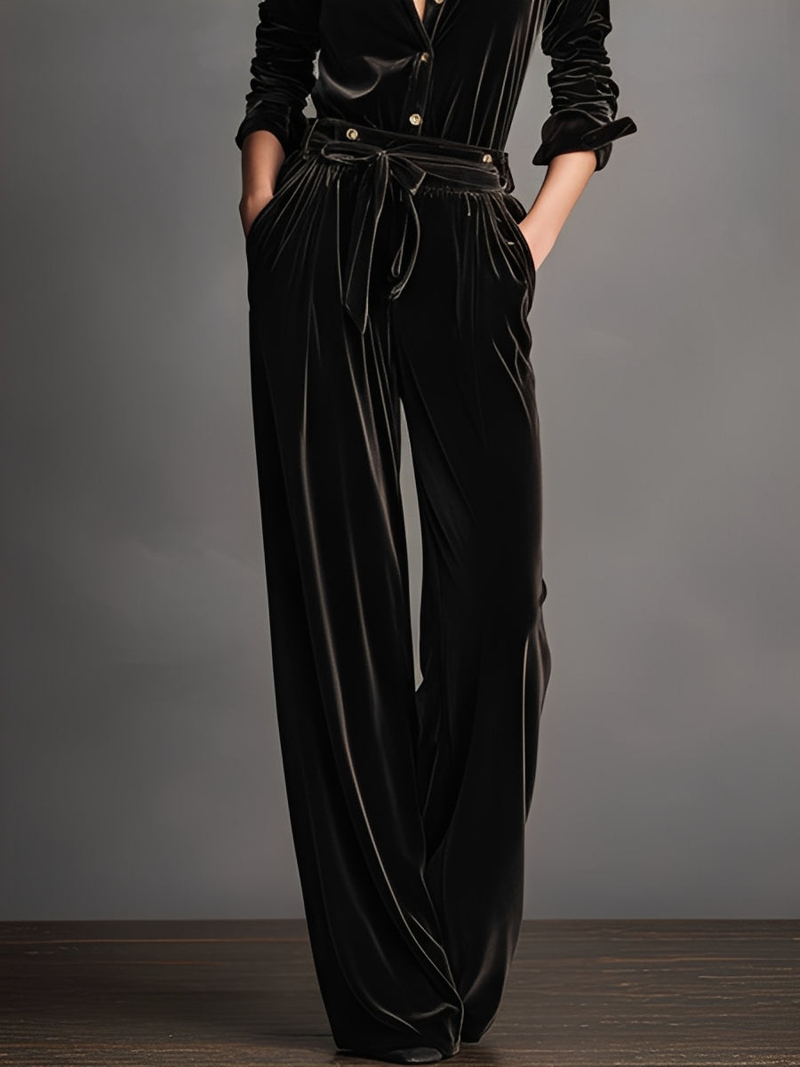 Women's Black Velvet Lace-up Elegant Gold Button Jumpsuit - Eliza-Warszawa