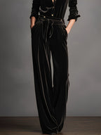 Women's Black Velvet Lace-up Elegant Gold Button Jumpsuit - Eliza-Warszawa