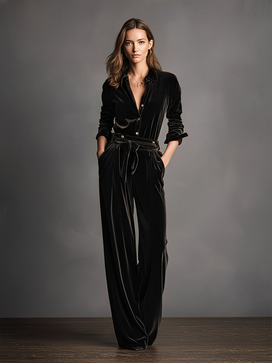 Women's Black Velvet Lace-up Elegant Gold Button Jumpsuit - Eliza-Warszawa