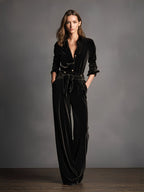 Women's Black Velvet Lace-up Elegant Gold Button Jumpsuit - Eliza-Warszawa