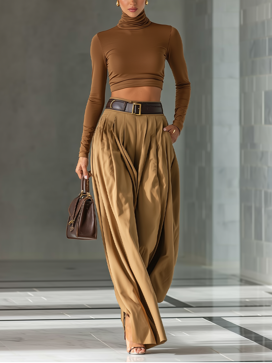 Women's Blended Brown Top And Wide-leg Pants Set - Eliza-Warszawa