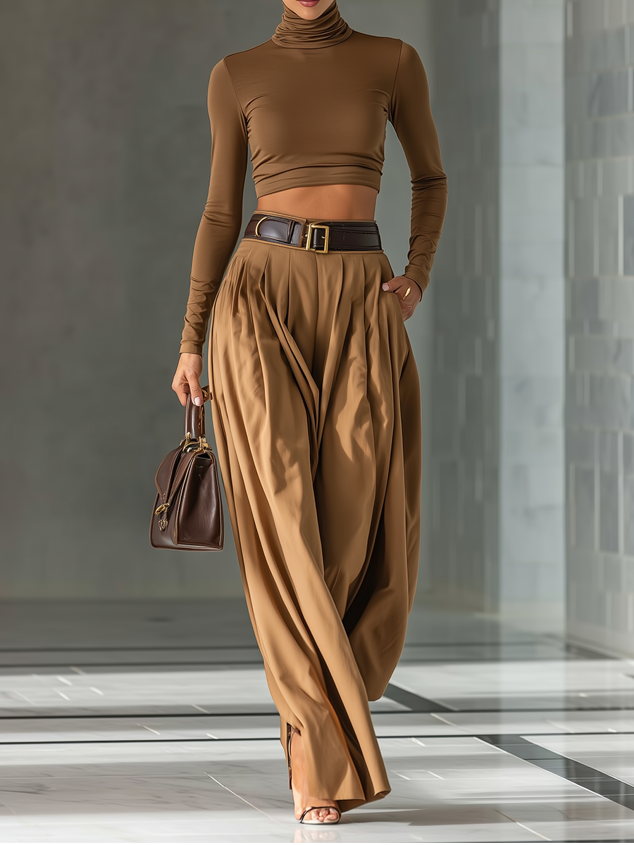 Women's Blended Brown Top And Wide-leg Pants Set - Eliza-Warszawa