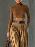 Women's Blended Brown Top And Wide-leg Pants Set - Eliza-Warszawa