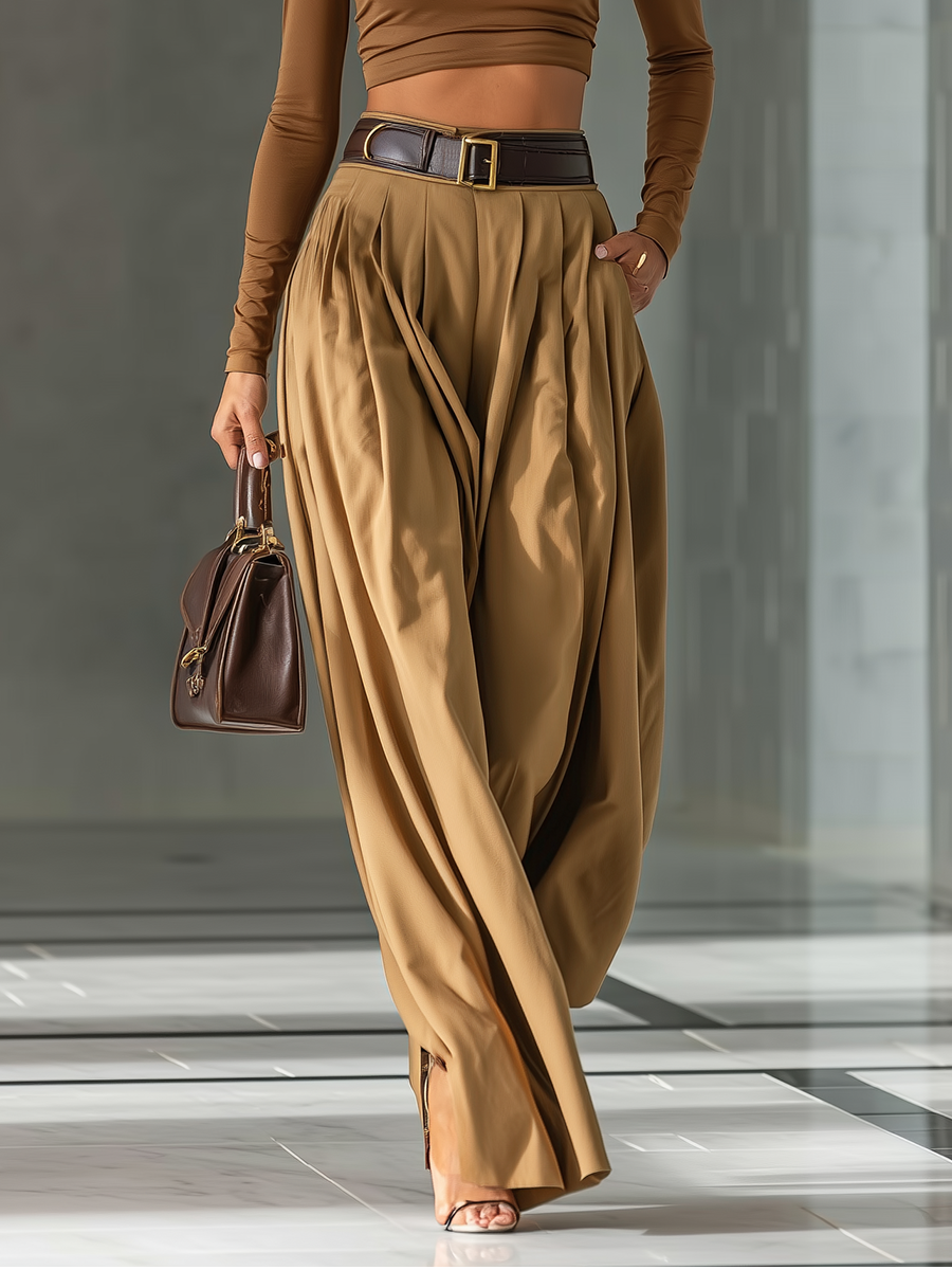 Women's Blended Brown Top And Wide-leg Pants Set - Eliza-Warszawa