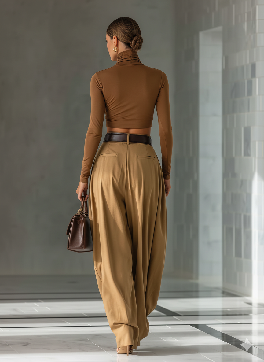 Women's Blended Brown Top And Wide-leg Pants Set - Eliza-Warszawa