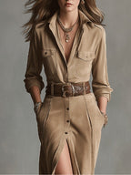 Women's Brown Fashion Suede Midi Dress - Eliza-Warszawa
