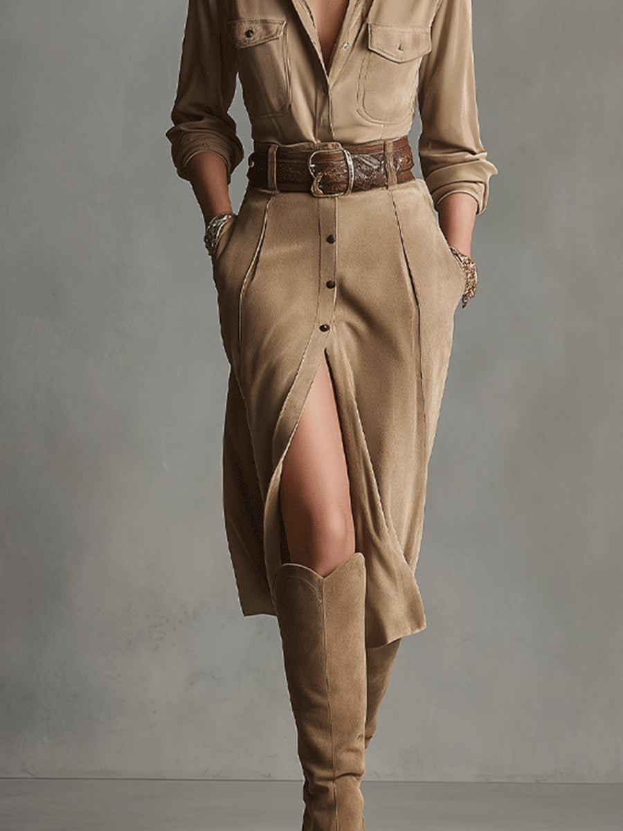 Women's Brown Fashion Suede Midi Dress - Eliza-Warszawa