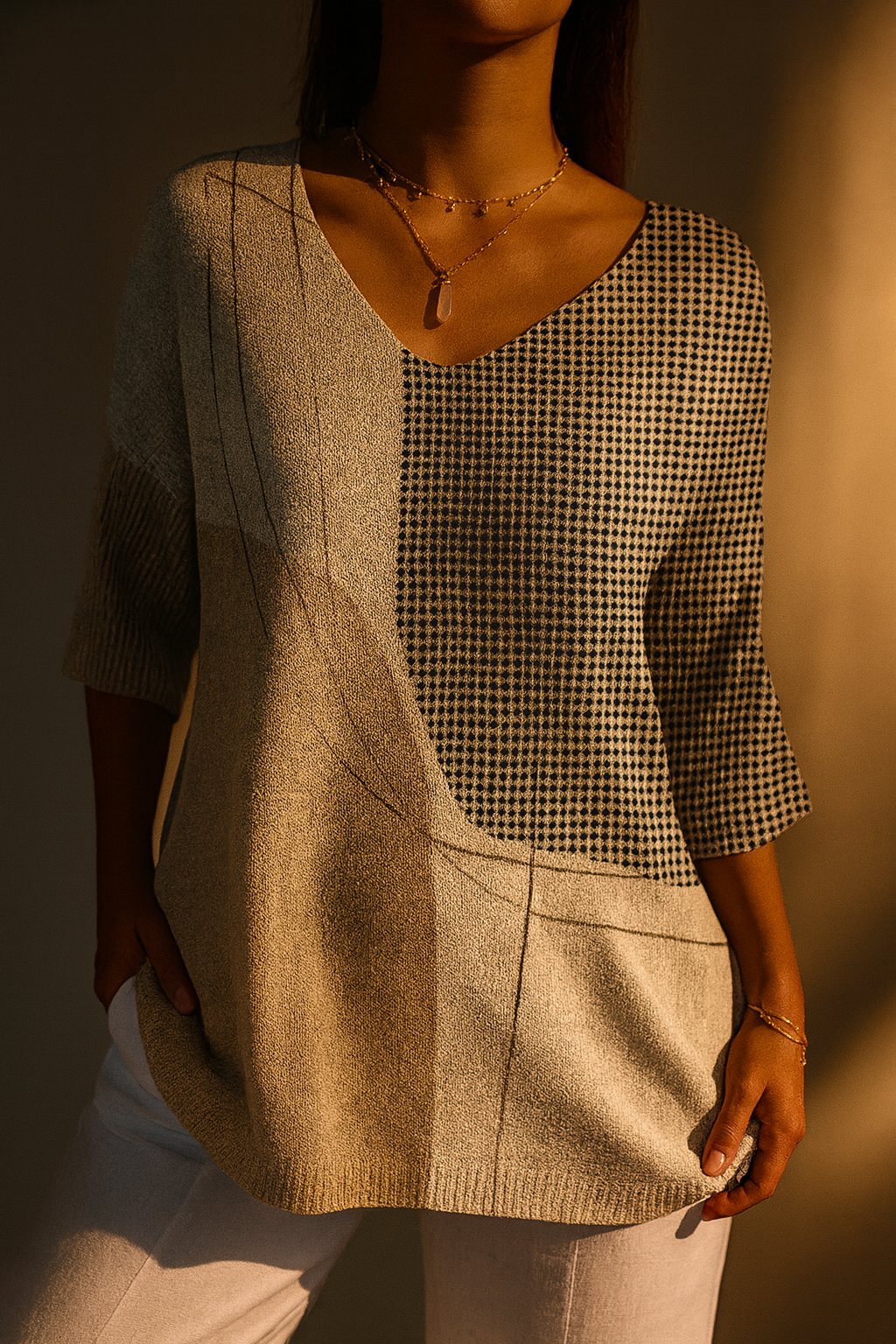 Women's Casual Knit Sweater with Abstract Geometric Pattern - Eliza-Warszawa