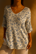 Women's Casual Knit Sweater with Blue Floral Pattern - Eliza-Warszawa