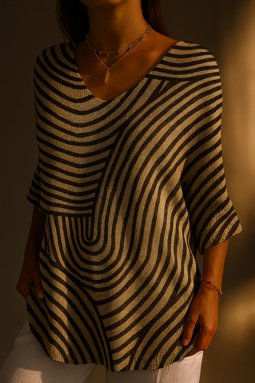 Women's Casual Knit Sweater with Retro Geometric Pattern - Eliza-Warszawa