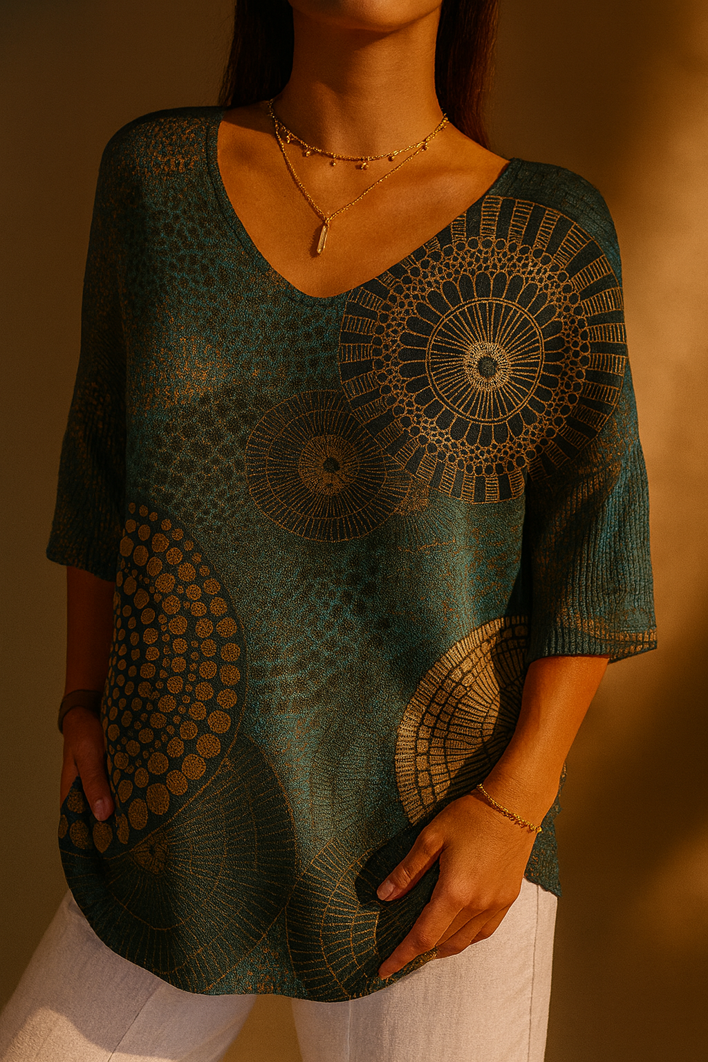 Women's Casual Knit Sweater with Vintage Abstract Geometric Pattern - Eliza-Warszawa