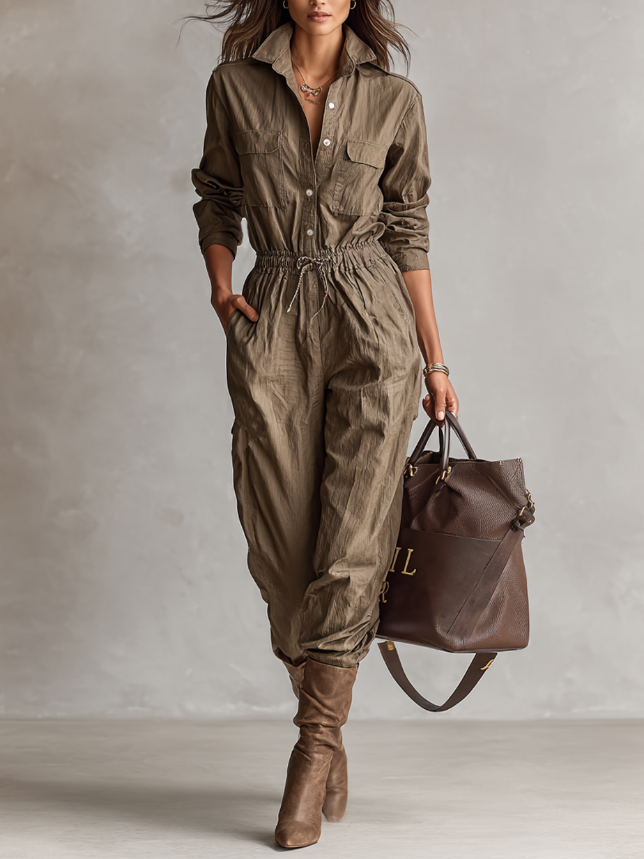 Women's Casual Shirt Collar Button Drawstring Jumpsuit - Eliza-Warszawa