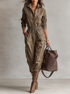 Women's Casual Shirt Collar Button Drawstring Jumpsuit - Eliza-Warszawa
