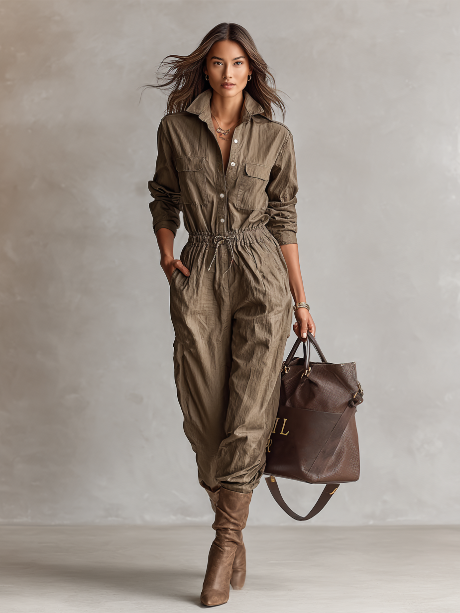 Women's Casual Shirt Collar Button Drawstring Jumpsuit - Eliza-Warszawa