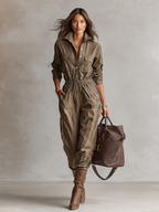 Women's Casual Shirt Collar Button Drawstring Jumpsuit - Eliza-Warszawa