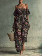 Women's Chiffon Floral Print Bandeau Short Sleeve Waist Jumpsuit - Eliza-Warszawa
