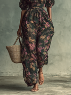 Women's Chiffon Floral Print Bandeau Short Sleeve Waist Jumpsuit - Eliza-Warszawa