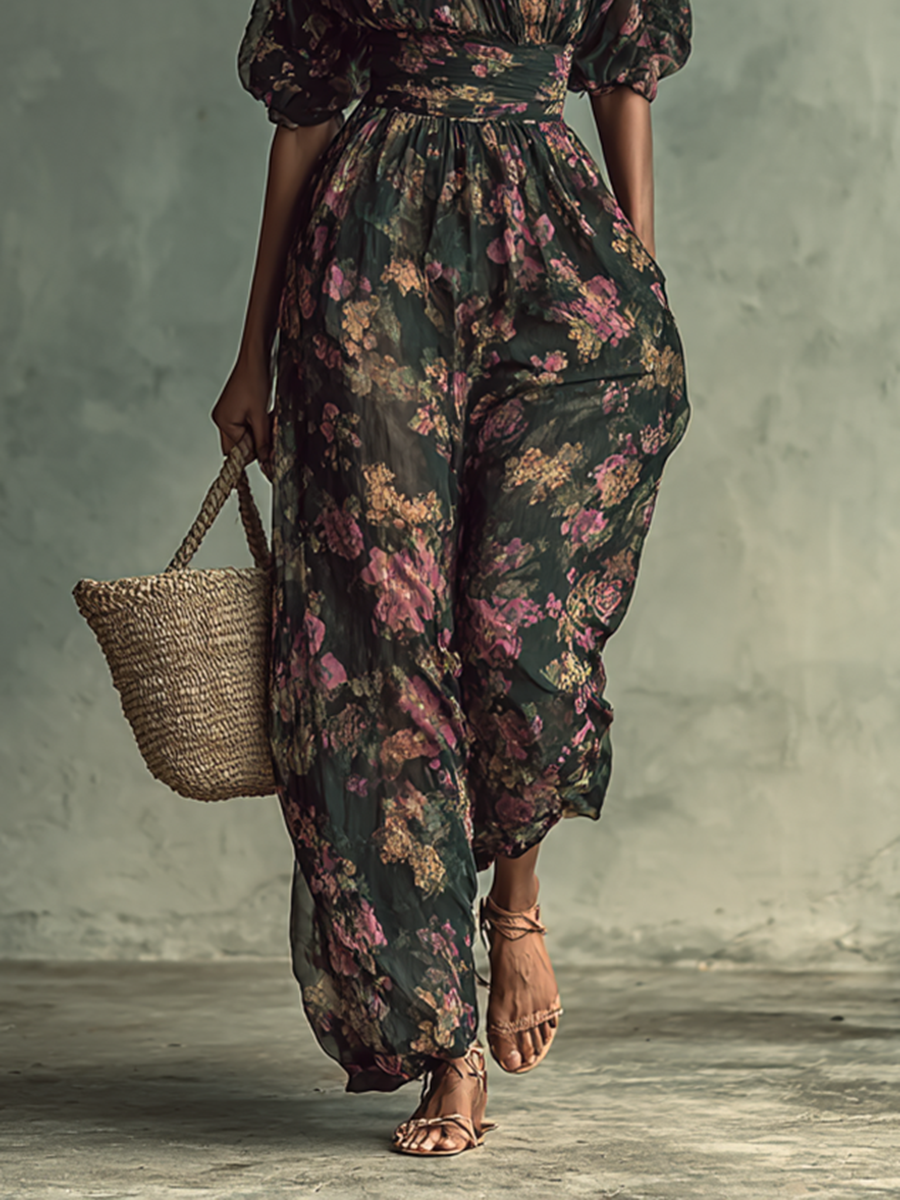 Women's Chiffon Floral Print Bandeau Short Sleeve Waist Jumpsuit - Eliza-Warszawa