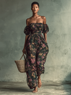 Women's Chiffon Floral Print Bandeau Short Sleeve Waist Jumpsuit - Eliza-Warszawa