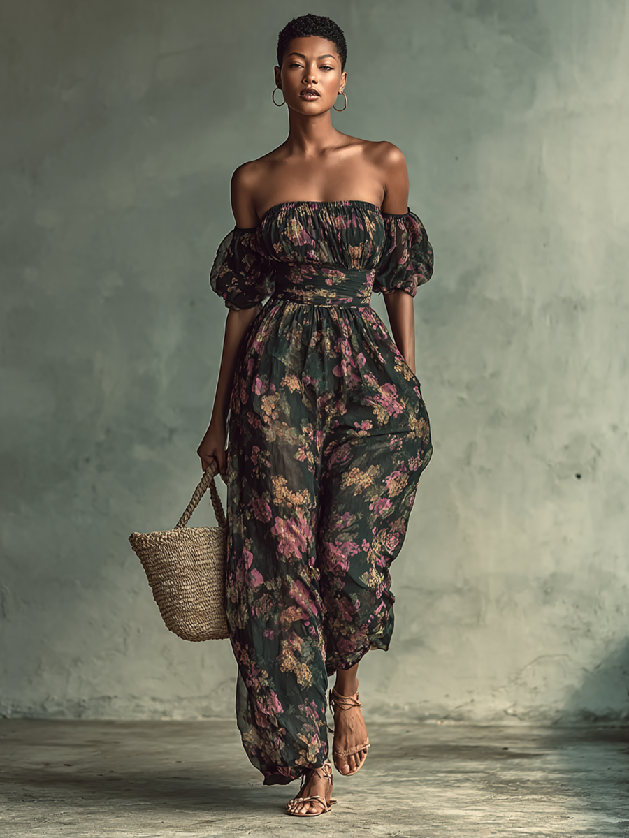 Women's Chiffon Floral Print Bandeau Short Sleeve Waist Jumpsuit - Eliza-Warszawa