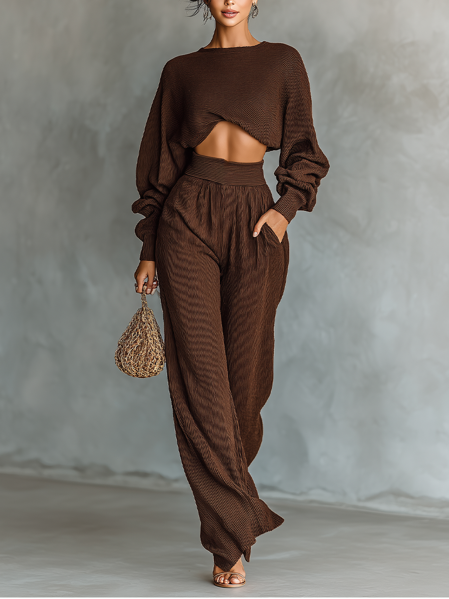 Women's Coffee-colored Short Top And Wide-leg Pants Knitted Set - Eliza-Warszawa