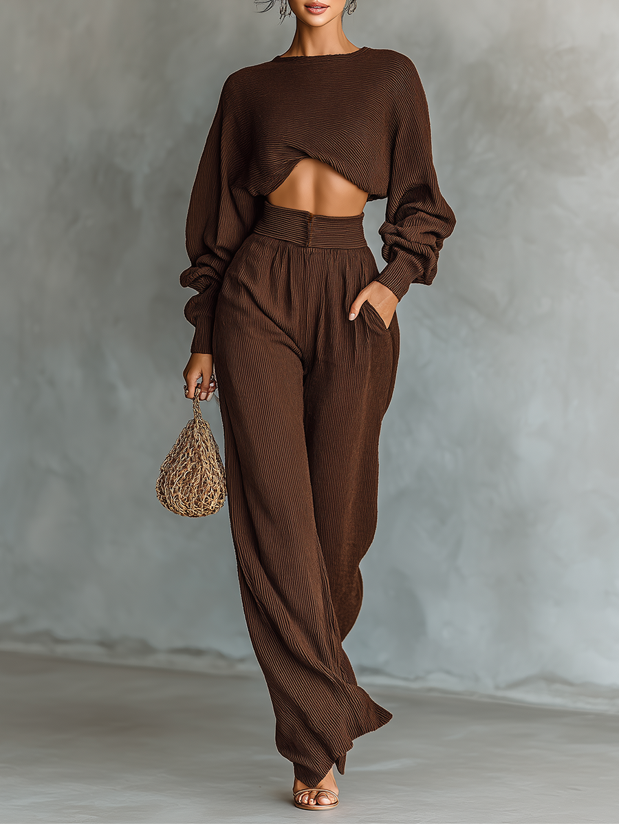 Women's Coffee-colored Short Top And Wide-leg Pants Knitted Set - Eliza-Warszawa