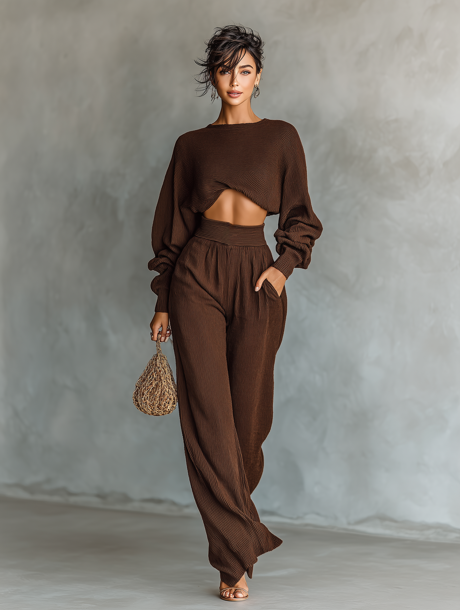Women's Coffee-colored Short Top And Wide-leg Pants Knitted Set - Eliza-Warszawa