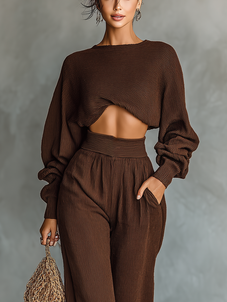 Women's Coffee-colored Short Top And Wide-leg Pants Knitted Set - Eliza-Warszawa