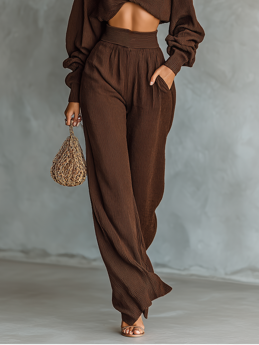 Women's Coffee-colored Short Top And Wide-leg Pants Knitted Set - Eliza-Warszawa
