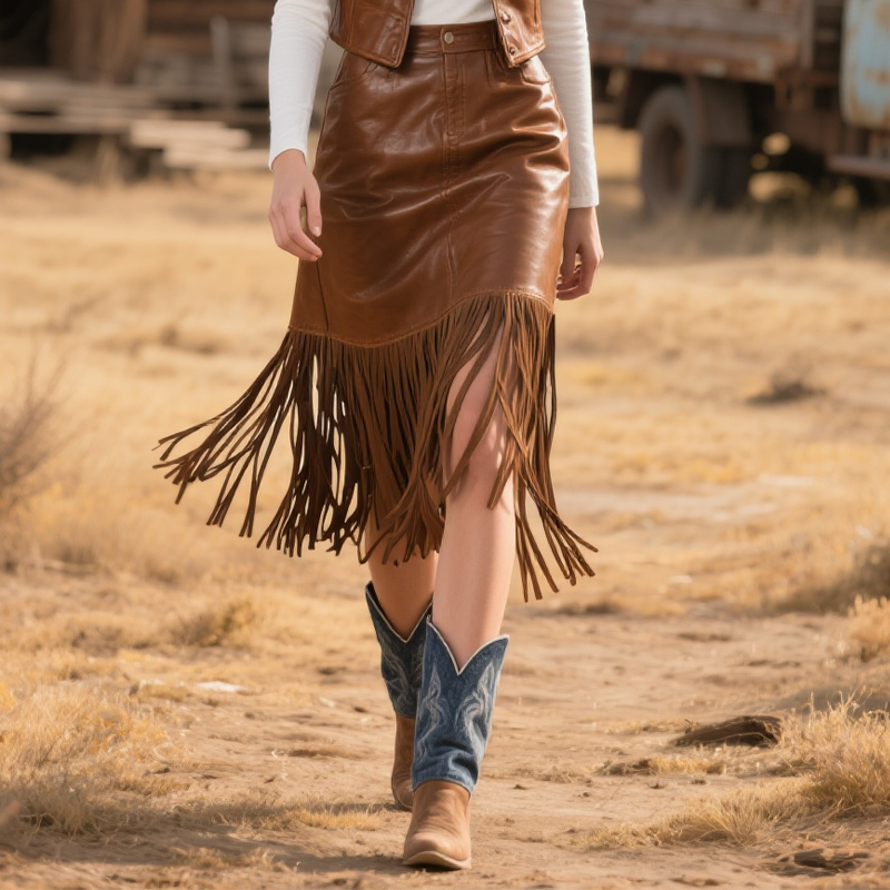 Women's Country Bohemian Leather Fringe Skirt - Eliza-Warszawa