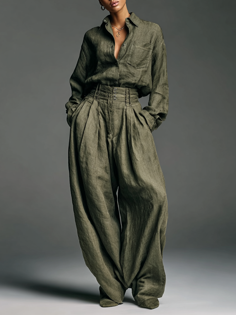 Women's Fashion Cotton And Linen Blended Long Sleeve Shirt Wide Leg Pants Two-Piece Set - Eliza-Warszawa