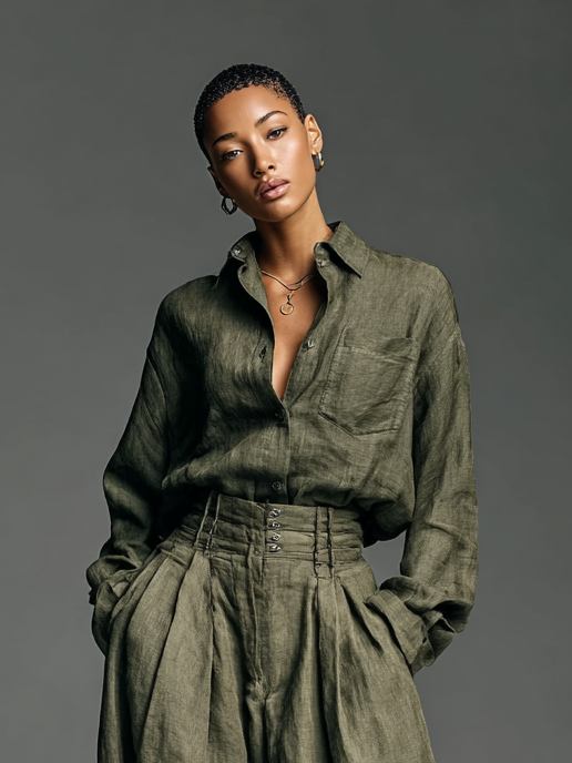 Women's Fashion Cotton And Linen Blended Long Sleeve Shirt Wide Leg Pants Two-Piece Set - Eliza-Warszawa