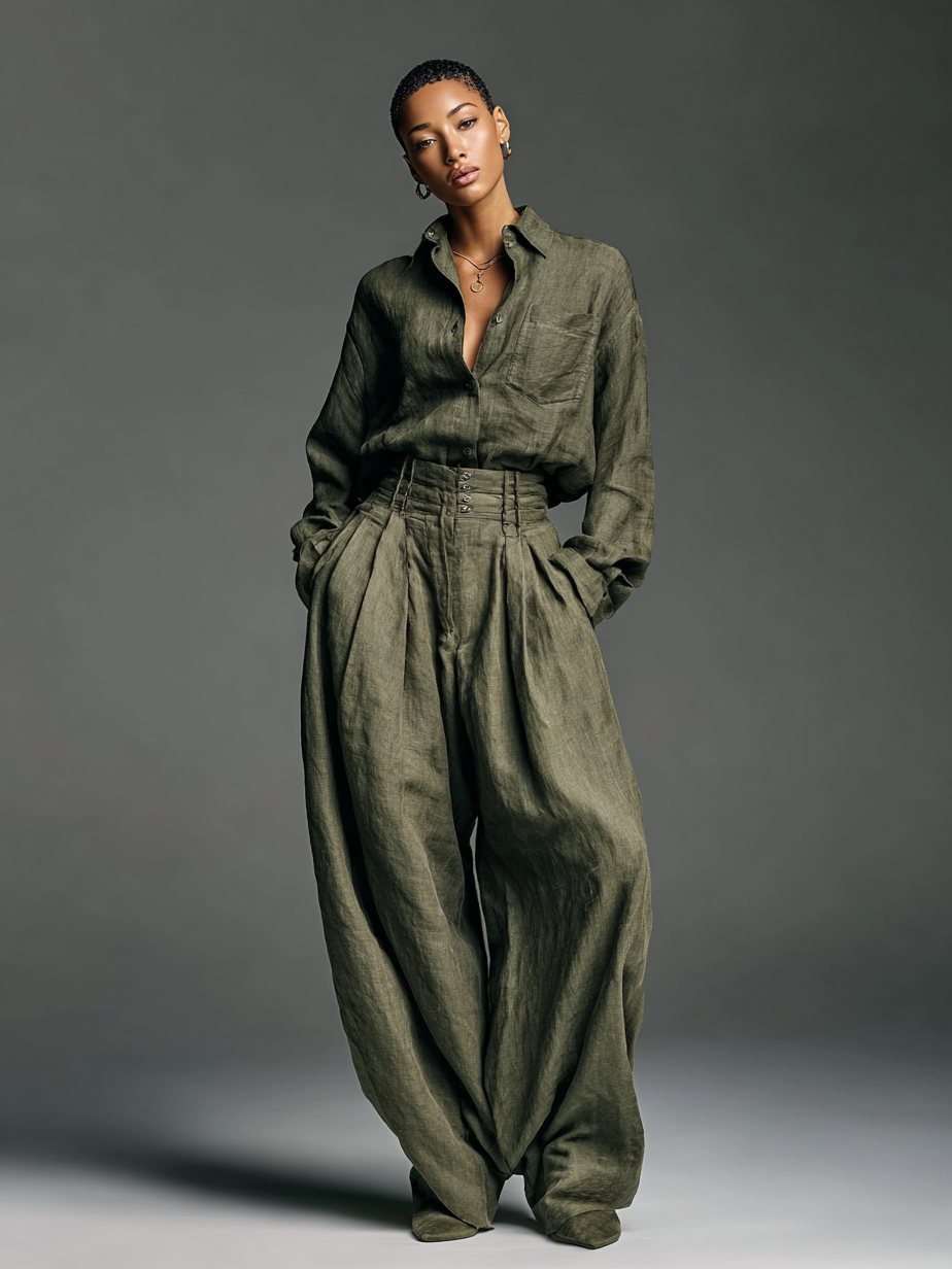 Women's Fashion Cotton And Linen Blended Long Sleeve Shirt Wide Leg Pants Two-Piece Set - Eliza-Warszawa